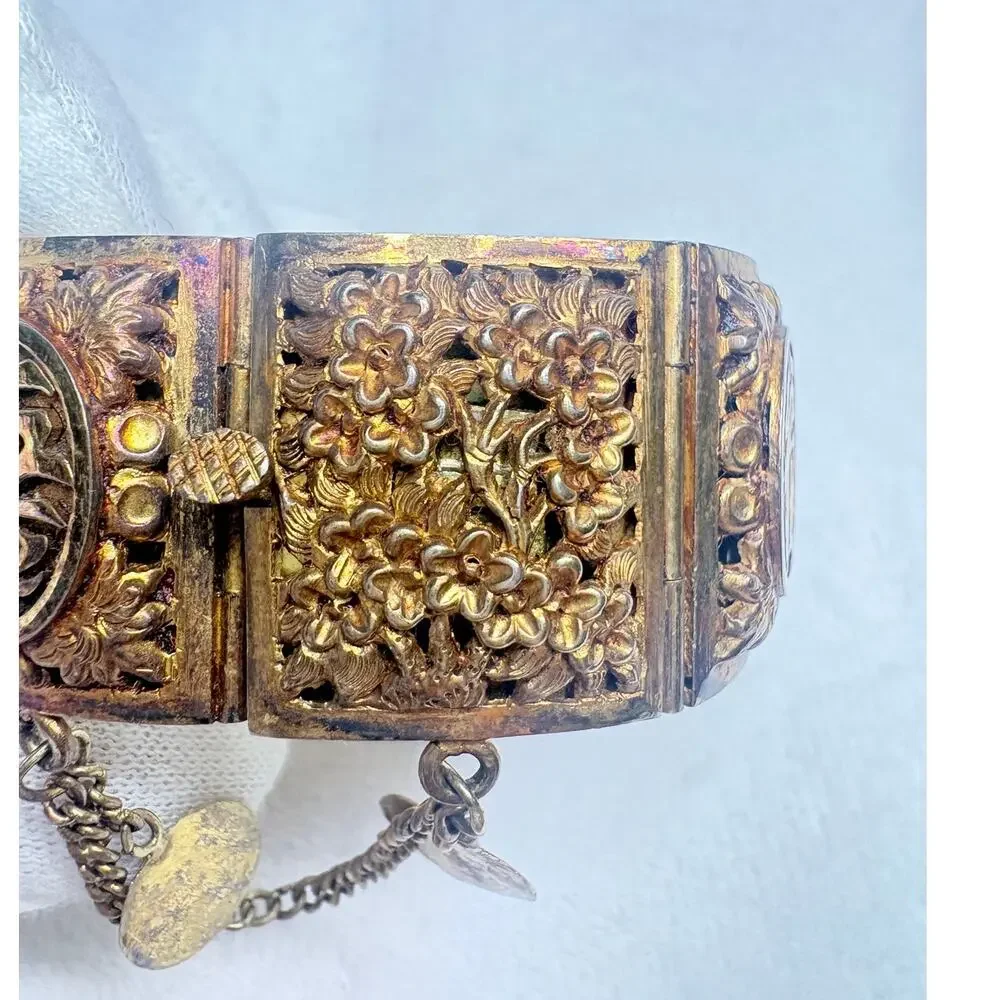 Vintage Mid‑Century Chinese Solid Cast Brass Fú‑Lù‑Shòu Blessings Bracelet